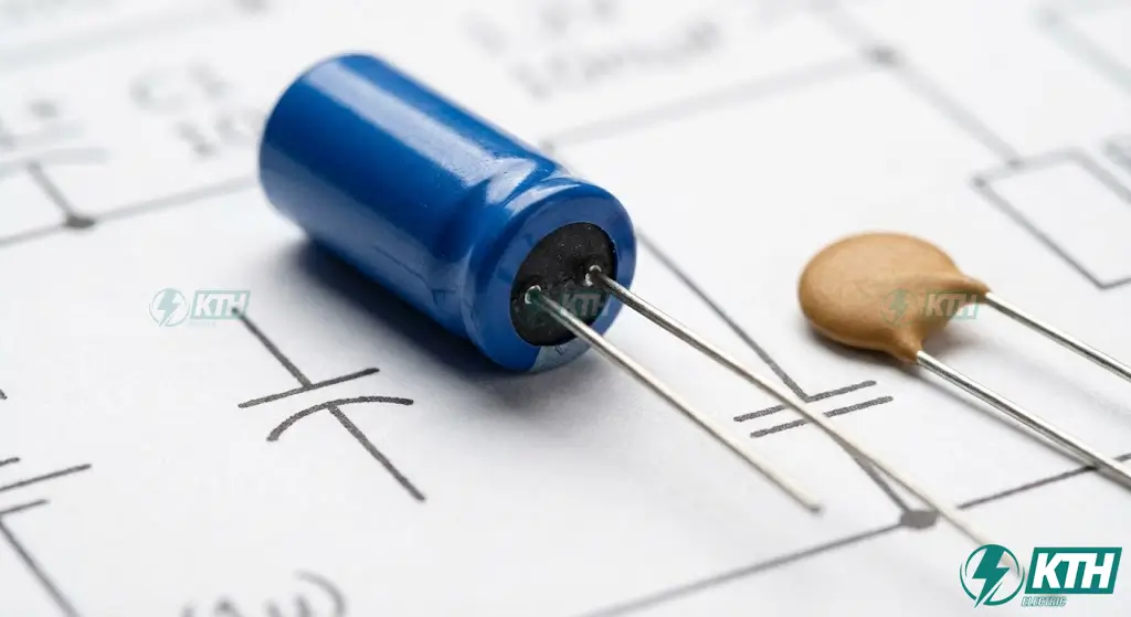 Physical electrolytic capacitor component placed next to its polarized capacitor schematic symbol to show polarity markings.