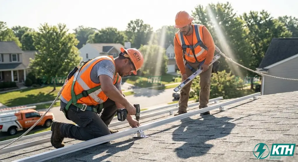 Professional KTH Electric solar installers wearing safety harnesses securing anodized aluminum racking rails to an asphalt shingle roof.