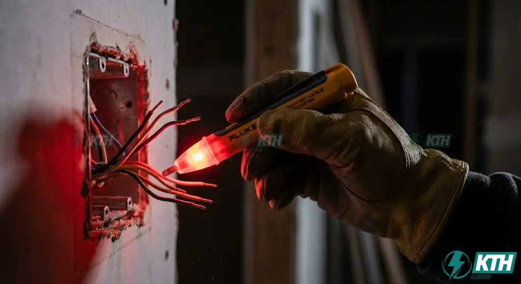 Using a non-contact voltage tester to verify power is off before working on a three-way switch wiring circuit for safety.