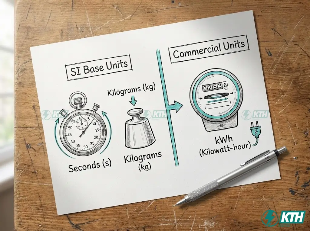 Diagram showing why kWh is not an SI unit by comparing base units like seconds and watts against derived commercial units.