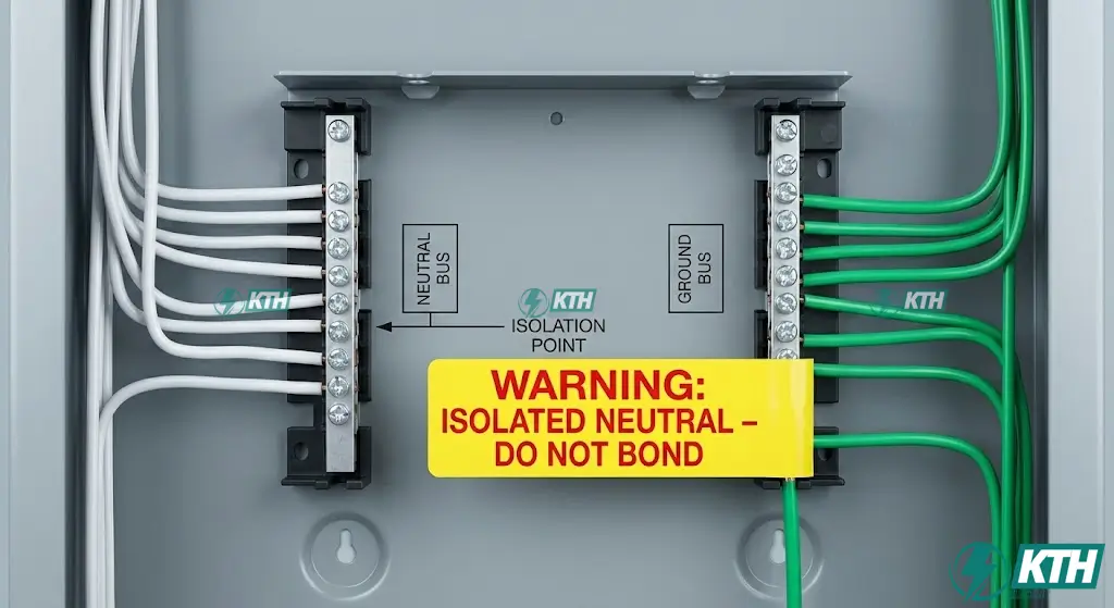 Open 100 amp subpanel interior showing the critical separation of the neutral bar and the ground bar, highlighting isolated grounding required by NEC for safety.