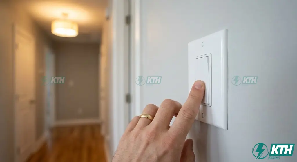 Testing a newly wired three-way switch circuit where toggling the switch successfully turns on the distant hallway light fixture.