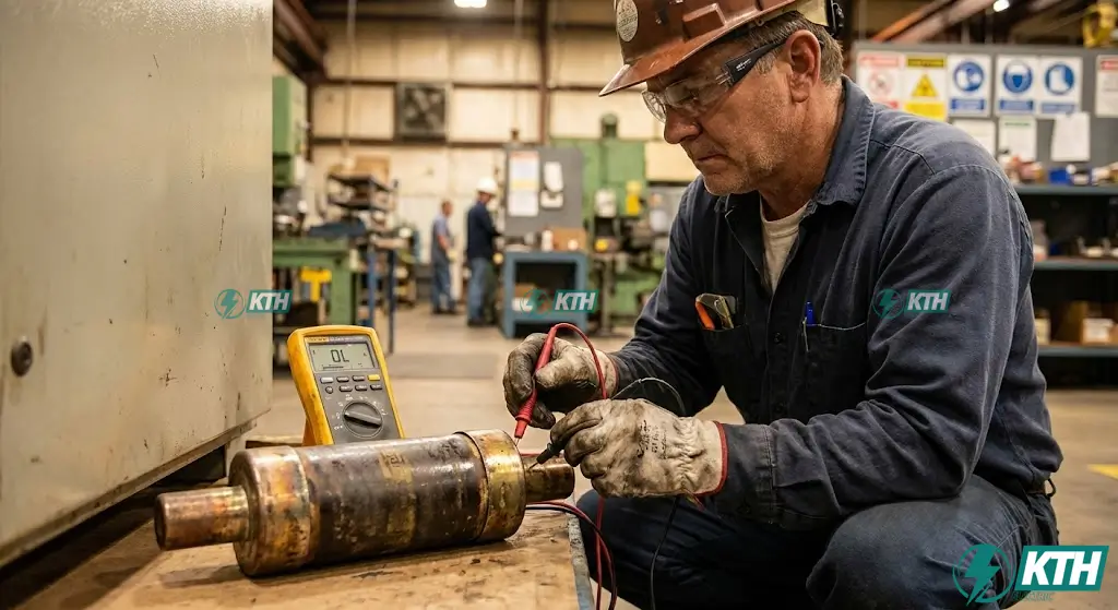 HRC Fuses Explained: High Rupturing Capacity Guide (2025) 5 An electrical technician uses a digital multimeter to test an industrial HRC fuse for continuity, showing an "OL" reading indicating a blown fuse that needs replacement.