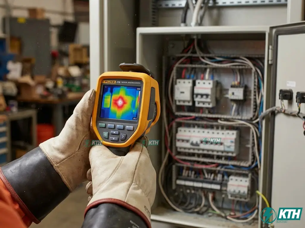 Engineer using thermal imaging camera for electrical cabinet maintenance and hotspot detection service to prevent downtime.