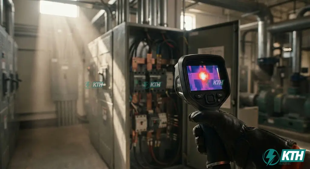 A close-up photograph of a professional thermographer using a thermal imaging camera to identify a dangerous overheating hot spot caused by a loose connection within an open industrial electrical panel during an NFPA 70B preventive maintenance inspection.