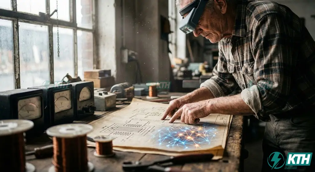 A seasoned electrical engineer analyzing a hybrid blueprint that combines traditional power transformer schematics with modern AI neural network architecture diagrams.