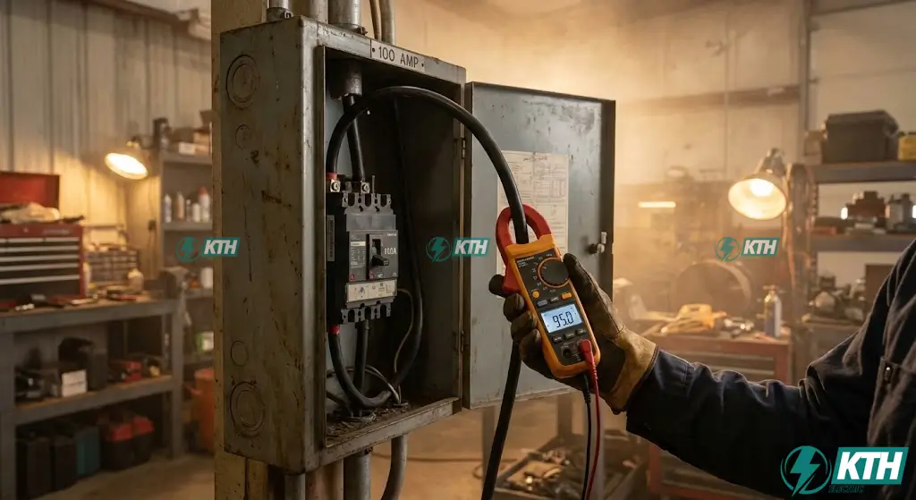 Technician using a clamp meter to diagnose a tripping 100 amp breaker by measuring total load amperage on the main feeder cable to identify circuit overload.