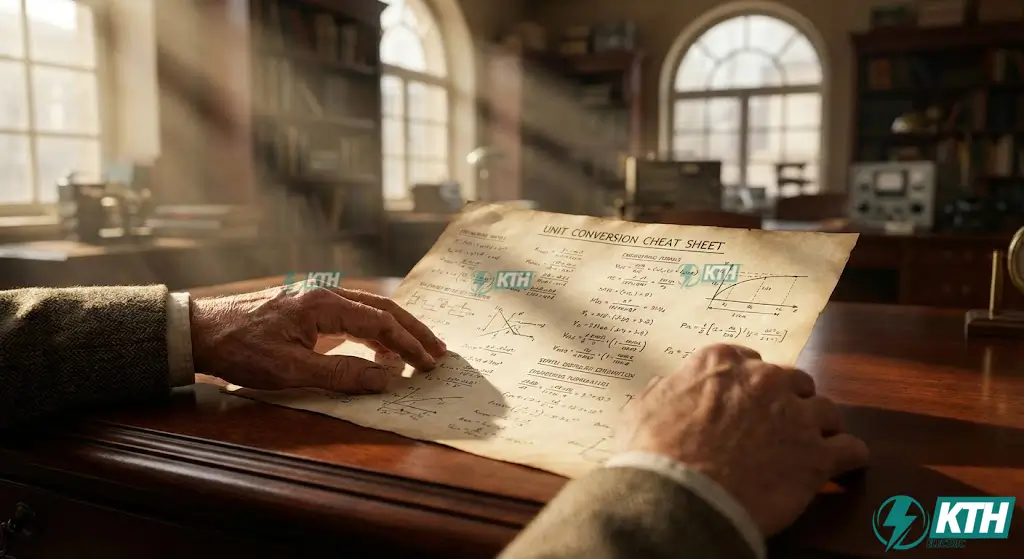 Engineer using a unit conversion reference guide to calculate length, weight, and power formulas for an engineering project.