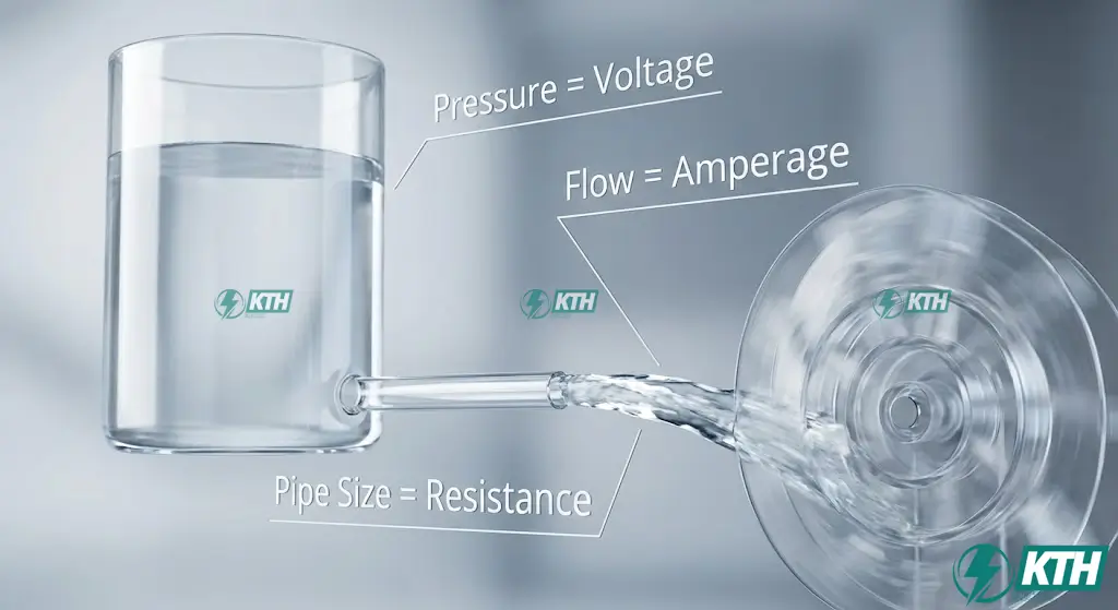 Water tank analogy illustrating the relationship between voltage pressure, amperage flow rate, and resistance pipe size.