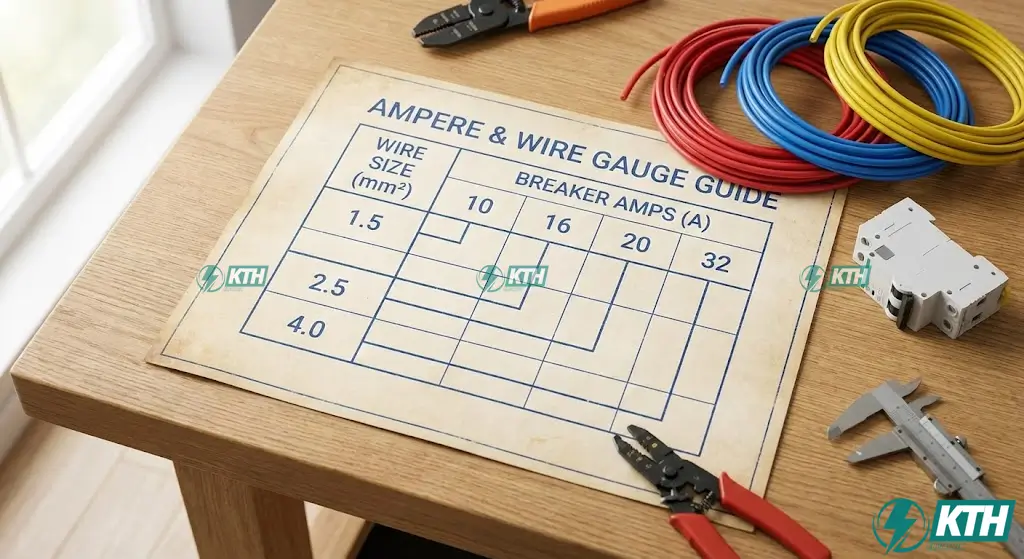 Electrical wire gauge and circuit breaker sizing chart for residential and industrial amperage loads.