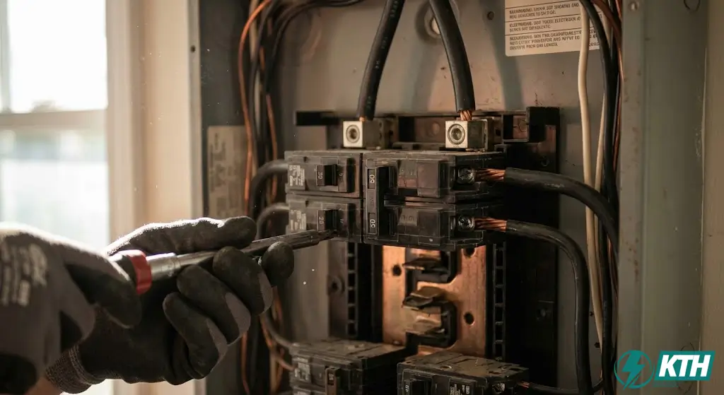 Professional electrician terminating #6 AWG copper wire into a double-pole 50 Amp circuit breaker within a residential electrical panel.