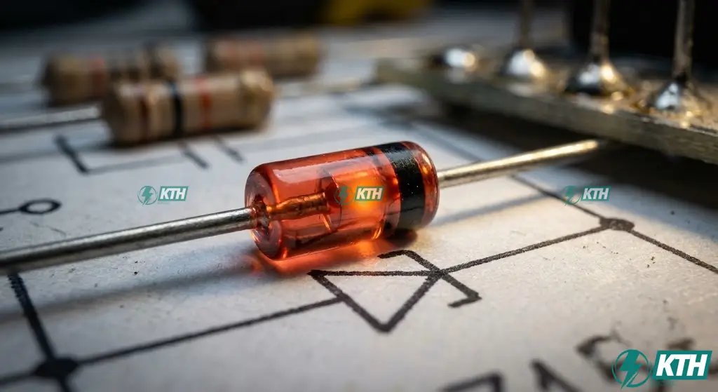 Diode Symbols Guide: Complete List & Functions (2025) 3 Glass Zener diode glowing on a schematic diagram, illustrating its function in voltage regulation and reverse bias operation.