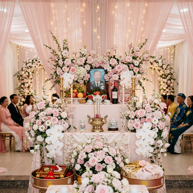Trang trí gia tiên tone hồng pastel