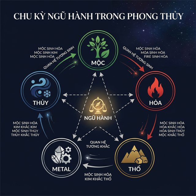 Biểu đồ Ngũ Hành tương sinh tương khắc trong Bát Tự Tứ Trụ 2026