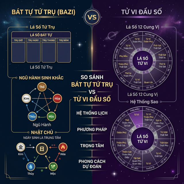 So sánh Bát Tự Tứ Trụ và Tử Vi Đẩu Số - Hai hệ thống mệnh lý lớn nhất phương Đông