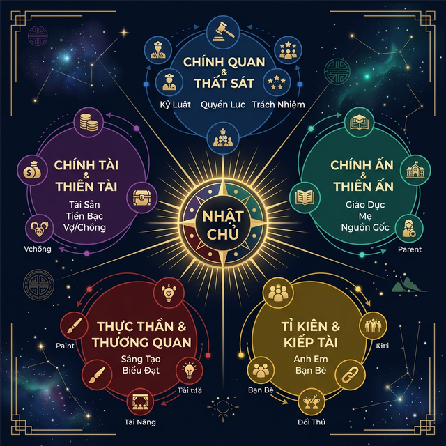 Infographic Thập Thần Bát Tự - 10 loại tương tác Ngũ Hành với Nhật Chủ