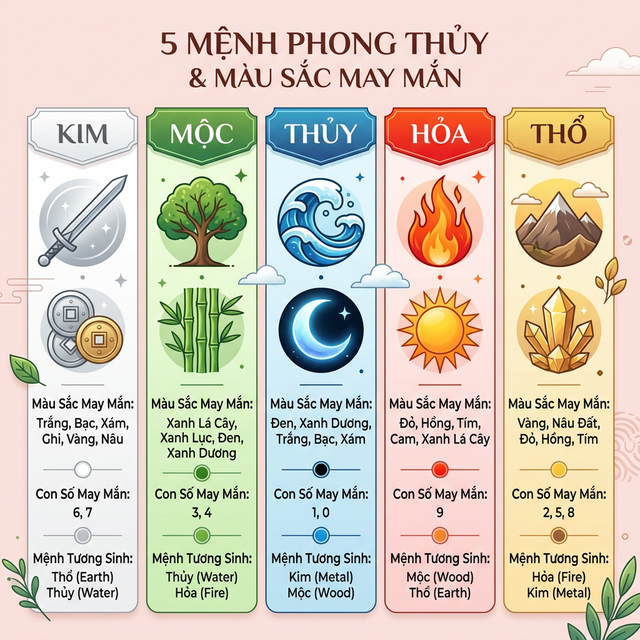 5 mệnh phong thủy Kim Mộc Thủy Hỏa Thổ màu sắc may mắn 2026