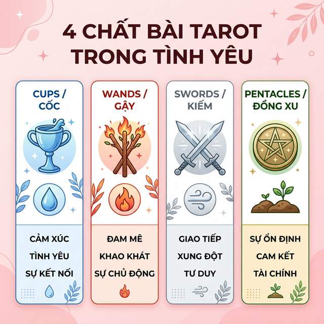 4 chất bài Tarot Cups Wands Swords Pentacles ý nghĩa tình yêu