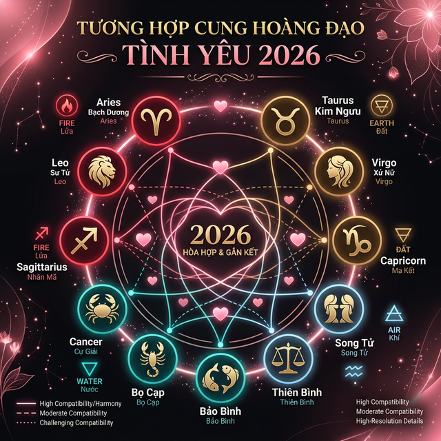 Biểu đồ tương hợp 12 cung hoàng đạo tình yêu 2026