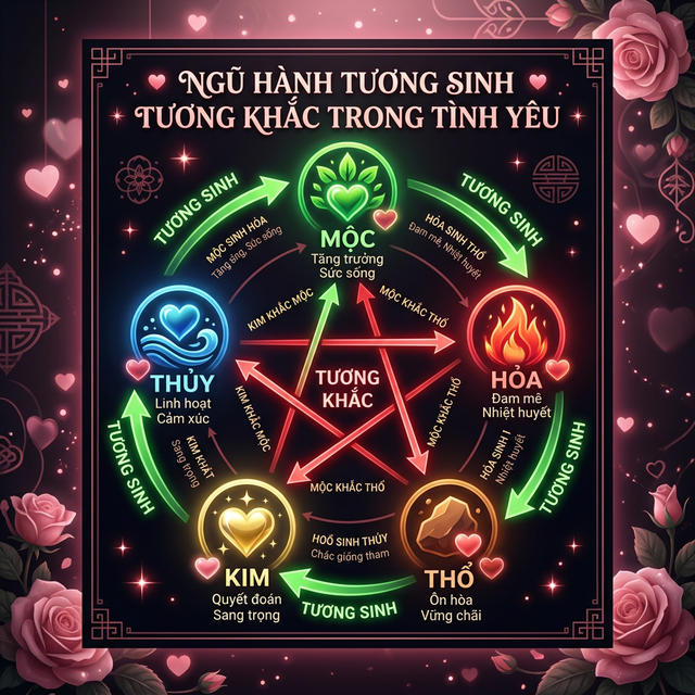 Sơ đồ Ngũ Hành tương sinh tương khắc trong bói tình yêu theo tuổi