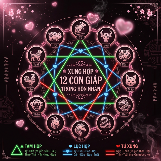 Biểu đồ xung hợp 12 con giáp trong hôn nhân tình yêu