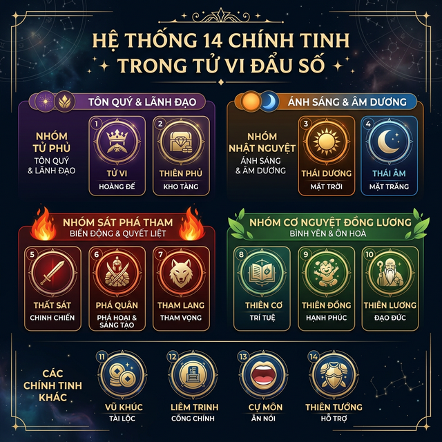 Infographic 14 Chính Tinh Tử Vi - Tử Phủ, Nhật Nguyệt, Sát Phá Tham, Cơ Nguyệt Đồng Lương