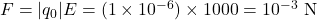 F = |q_0|E = (1 \times 10^{-6}) \times 1000 = 10^{-3} \text{ N}