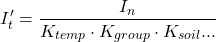 \[I_t' = \frac{I_n}{K_{temp} \cdot K_{group} \cdot K_{soil}...}\]