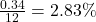 \frac{0.34}{12} = 2.83\%