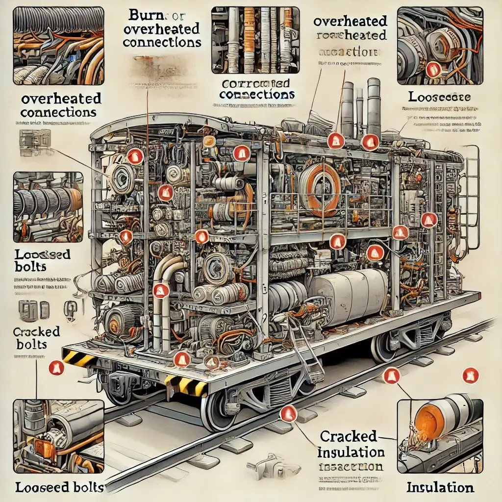 Hình ảnh mô tả các dấu hiệu hư hỏng của hệ thống Busway, bao gồm kết nối quá nhiệt, ăn mòn, bu-lông lỏng, cách điện nứt và dấu hiệu hồ quang điện.