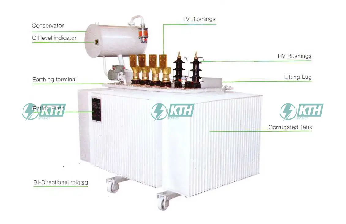 Hình ảnh máy biến áp dầu có bình dầu phụ và các bộ phận của máy biến áp dầu