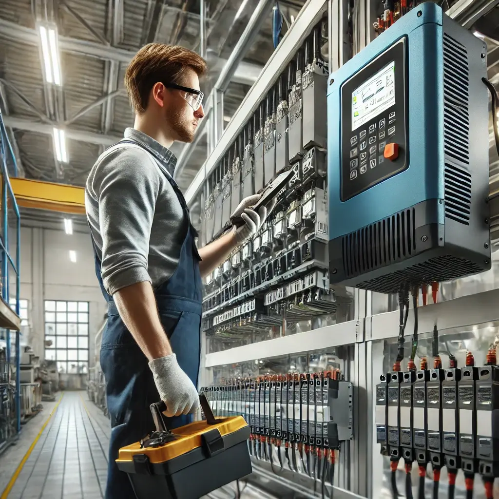 Illustration: Technician inspecting and maintaining an inverter in a modern industrial setting using diagnostic equipment.