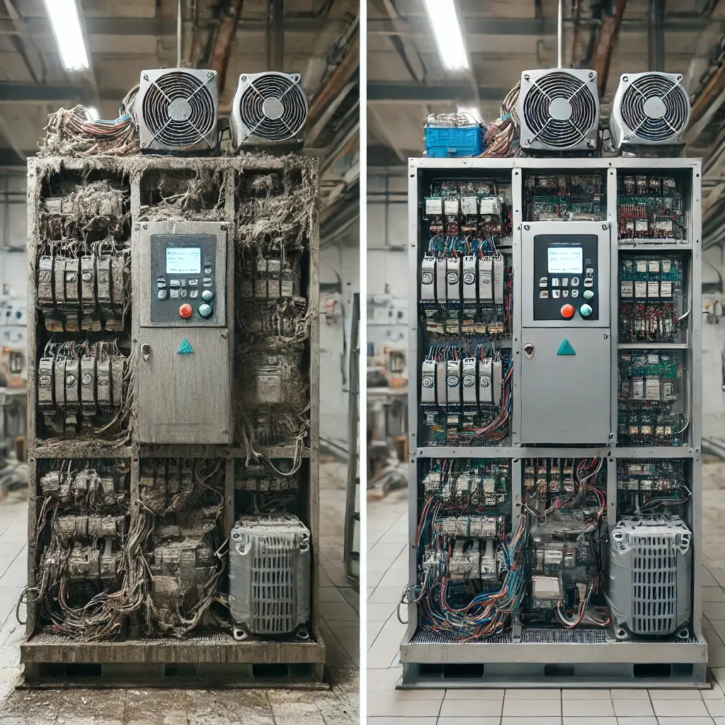 Illustration: Difference between an inverter before and after initial assessment, showing improvements in condition and component arrangement.