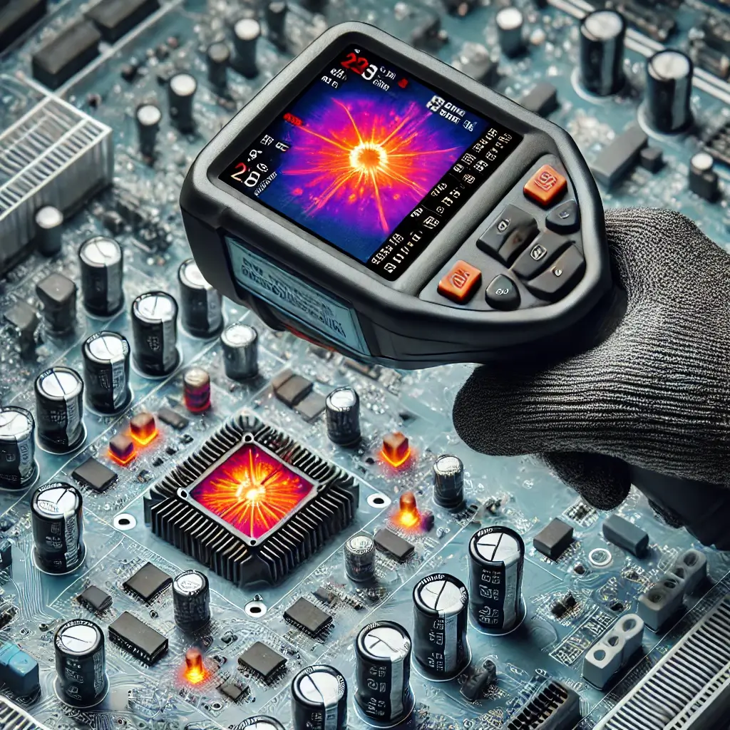 Illustration: Thermal camera detecting hotspots on an inverter circuit board.