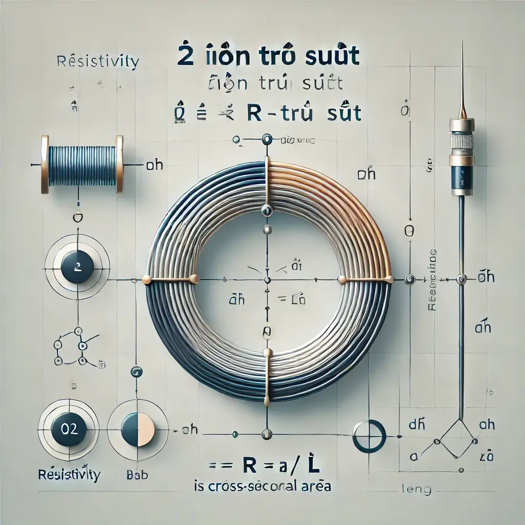 Infographic giải thích khái niệm điện trở suất là gì, bao gồm sơ đồ dây dẫn với công thức ρ = R * A / L và các thành phần vật lý như chiều dài, diện tích mặt cắt ngang