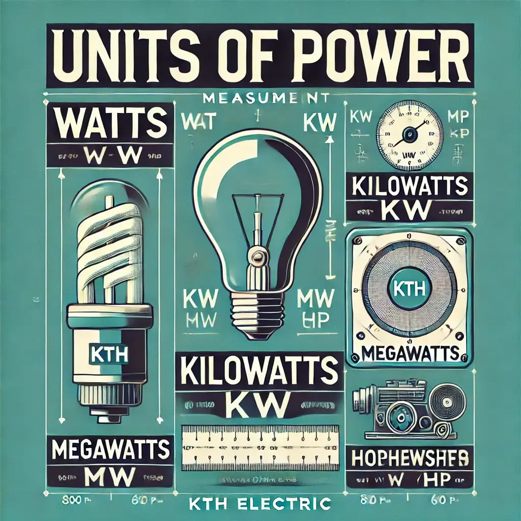 Hình ảnh minh họa đơn vị đo công suất với các đơn vị như Watts (W), Kilowatts (kW), Megawatts (MW), và Horsepower (HP). Kèm theo logo KTH ELECTRIC, hình ảnh sử dụng màu sắc thương hiệu để đảm bảo nhận diện