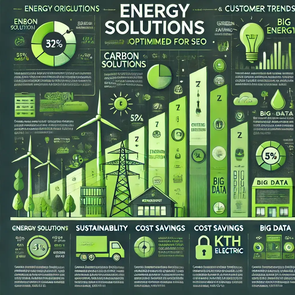 Infographic showcasing energy solutions and customer trends by KTH ELECTRIC. Topics include carbon footprint, sustainability, green energy, and cost savings.