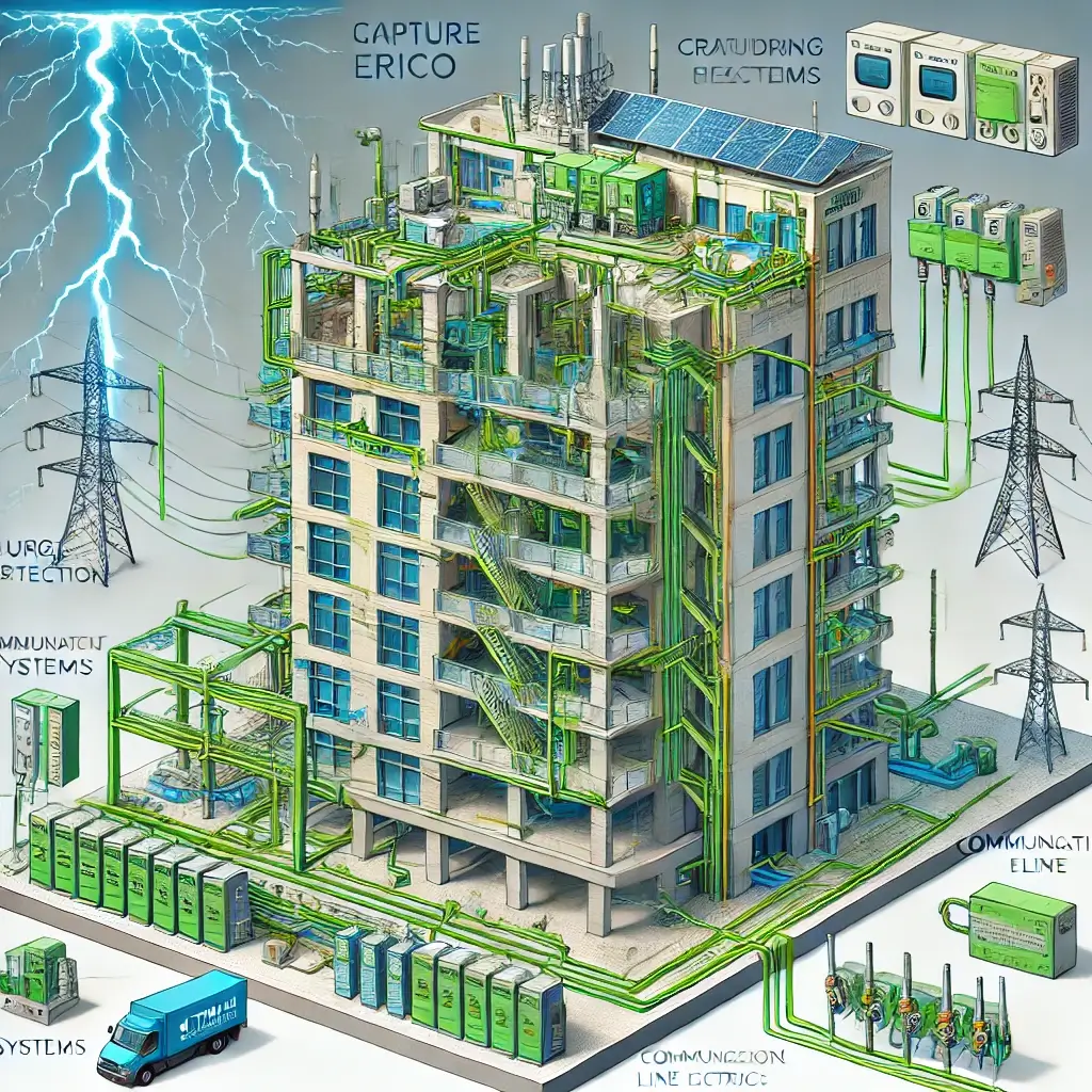 Hệ thống chống sét KTH ELECTRIC bảo vệ tòa nhà khỏi sét đánh, tiêu tán năng lượng xuống đất, và bảo vệ thiết bị điện tử qua các bước thu sét, truyền dẫn, và tiếp đất an toàn.