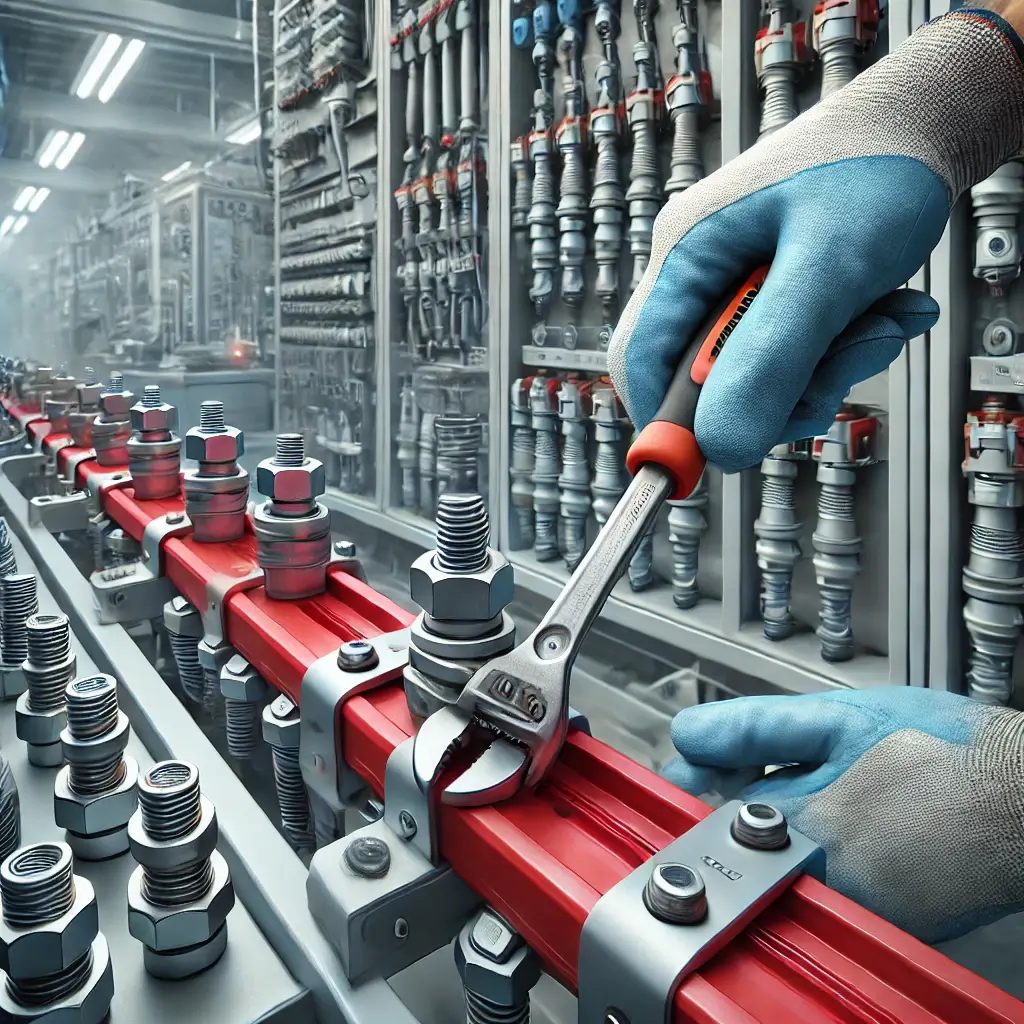 Technician using a torque wrench to inspect and tighten busway connections. The busway system shows red connectors, bolts, and insulated cables in a clean industrial environment.