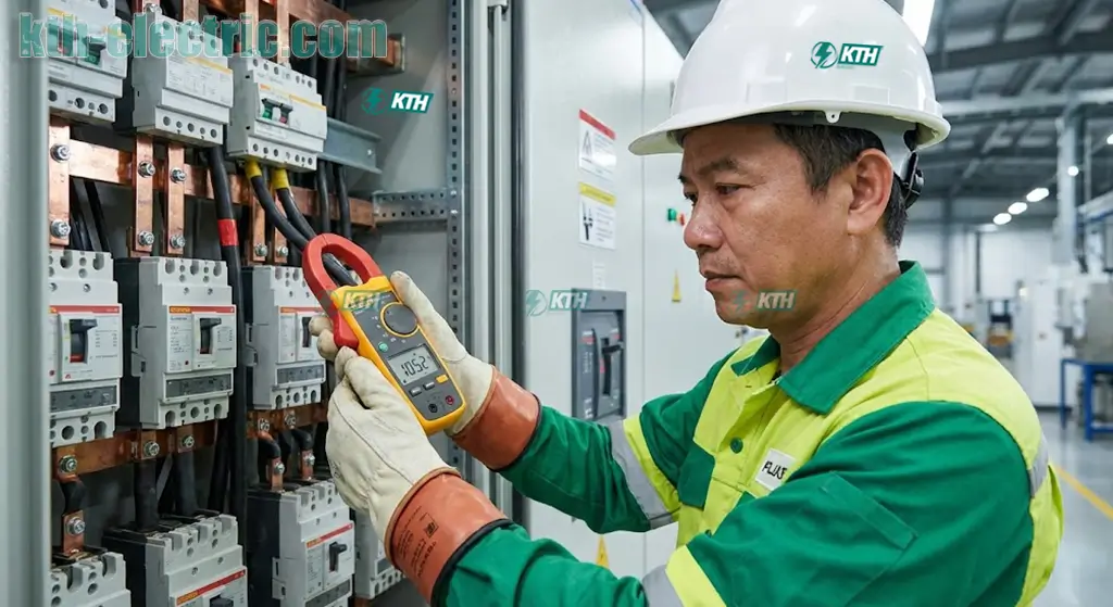 Kỹ sư KTH Electric kiểm tra tủ điện tổng
