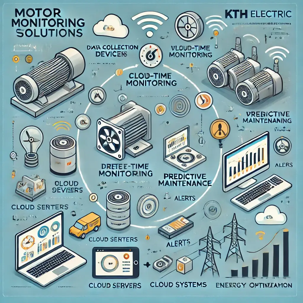 Minh họa giải pháp giám sát động cơ, bao gồm thiết bị IoT, máy chủ đám mây, cảm biến rung và hệ thống SCADA với quy trình từ thu thập dữ liệu đến tối ưu hóa năng lượng