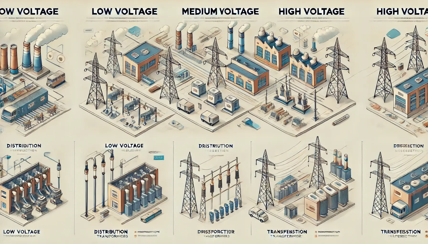 Infographic phân biệt điện hạ thế, điện trung thế, và điện cao thế trong hệ thống điện công nghiệp