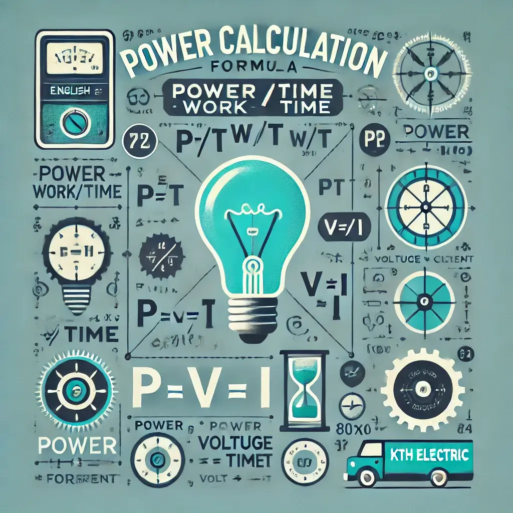 Illustration of the power calculation formula with P = W/t (Power = Work/Time) and P = V × I (Power = Voltage × Current), featuring a teal and white color scheme and the KTH ELECTRIC logo