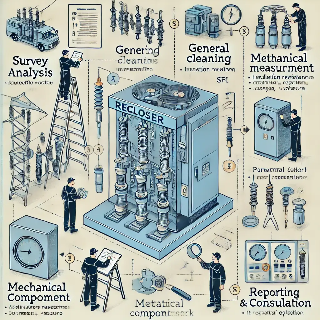 Sơ đồ minh họa quy trình bảo trì Recloser, bao gồm các bước: khảo sát hiện trạng, vệ sinh tổng thể, đo lường thông số, kiểm tra các bộ phận cơ khí, sửa chữa và thay thế, báo cáo và tư vấn giải pháp.