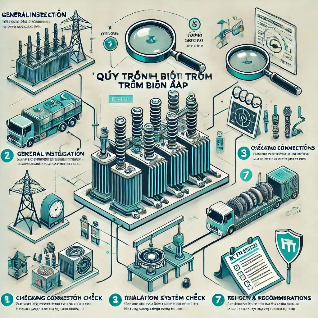 quy trình bảo trì trạm biến áp, bao gồm các bước: kiểm tra tổng quan, đo thông số kỹ thuật, vệ sinh, kiểm tra kết nối, kiểm tra cách điện, thử nghiệm vận hành, và báo cáo
