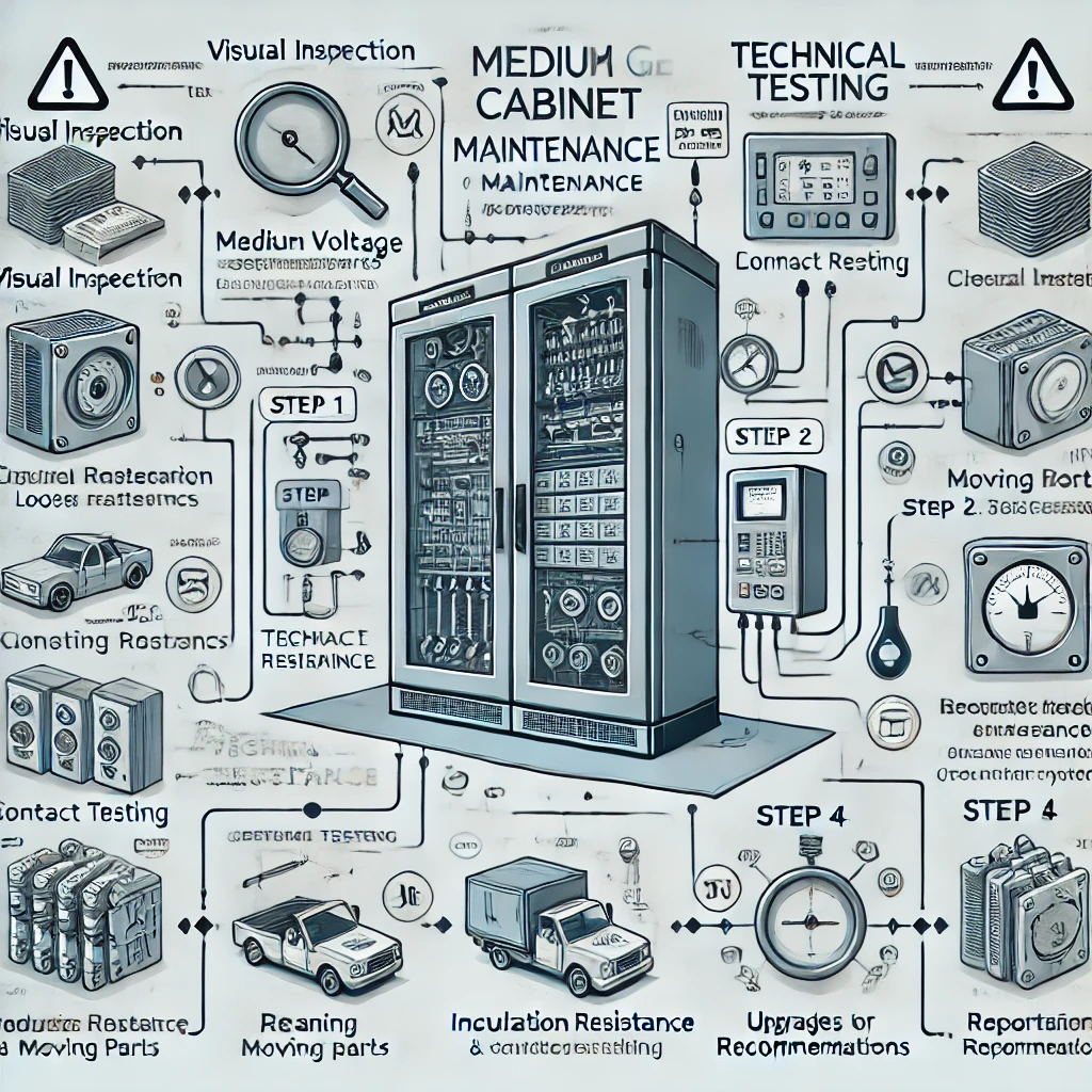Hình ảnh minh họa quy trình bảo trì tủ điện trung thế của KTH Electric, bao gồm các bước: kiểm tra ngoại quan, vệ sinh thiết bị, thử nghiệm kỹ thuật và lập báo cáo chi tiết nhằm đảm bảo an toàn và hiệu suất vận hành