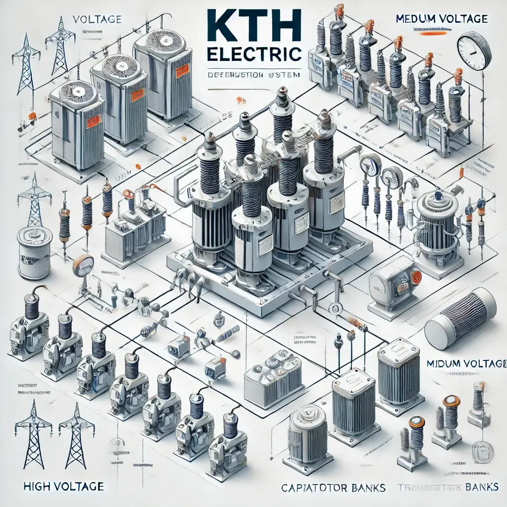 Sơ đồ hệ thống phân phối điện công nghiệp với các thành phần cao thế, trung thế, bù CSPK, máy biến áp và động cơ