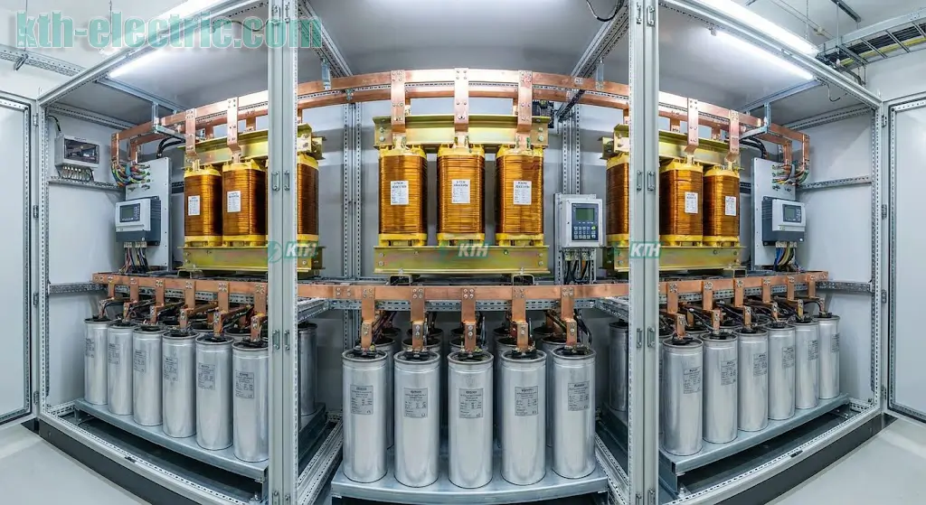 Tủ điện bù công suất với cuộn kháng lọc sóng hài.