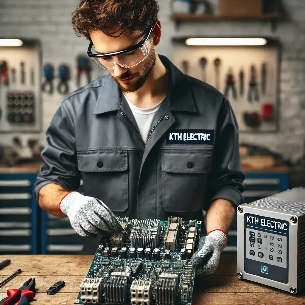 Illustration: Technician cleaning inverter circuit boards in a modern workspace with organized tools and labels.