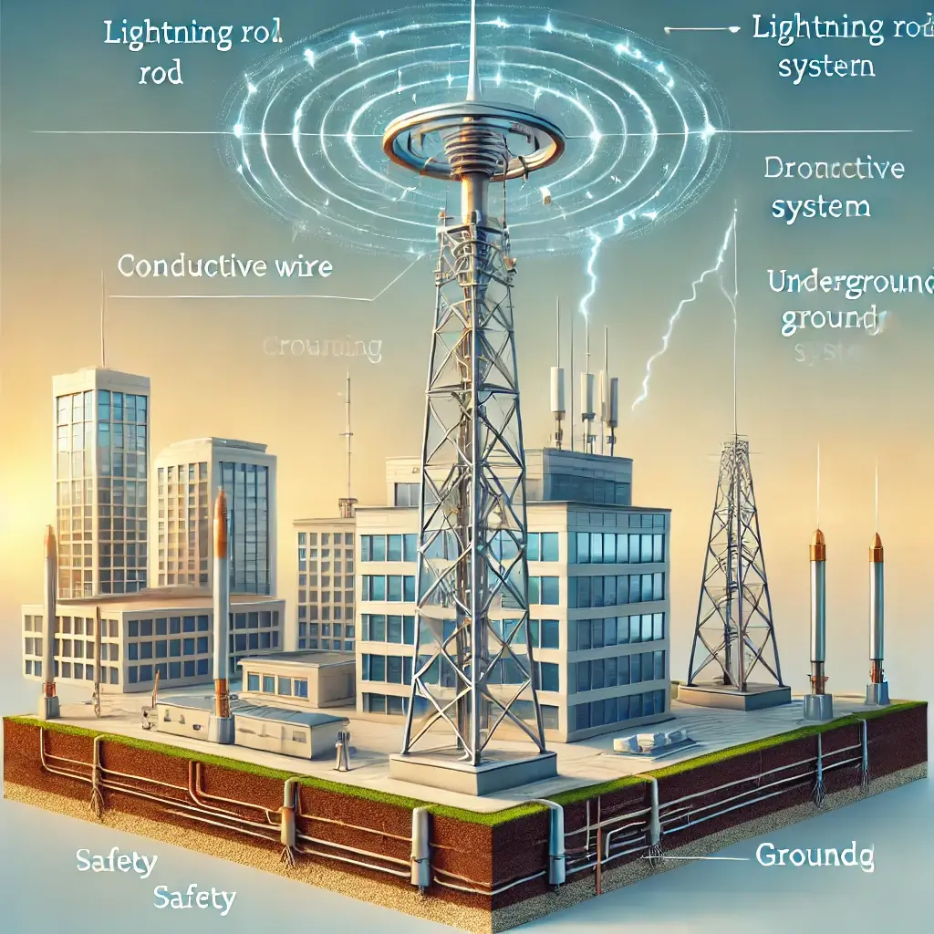 Hình minh họa cấu tạo cột thu lôi với các thành phần như đầu kim thu lôi trên đỉnh tòa nhà, dây dẫn nối tới hệ thống tiếp địa dưới lòng đất.